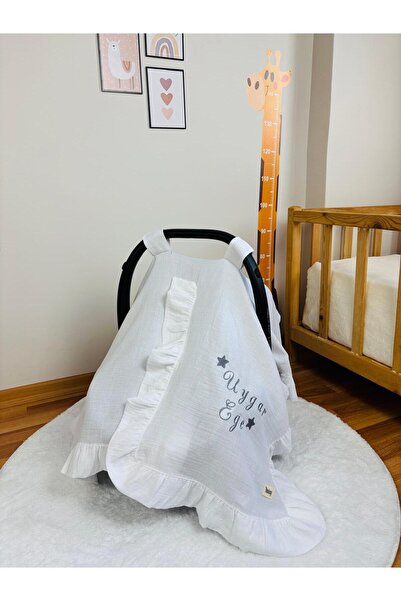 NOİSY TEKSTİL Kişiye Özel Nakışlı İsim İşlemeli Fırfırlı Beyaz 2 katlı Müslin Puset Örtüsü %100 Pamuk