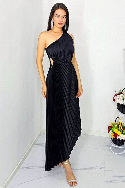 FashionForYou Elza asymmetrical pleated dress, with cutout at the waist, Black