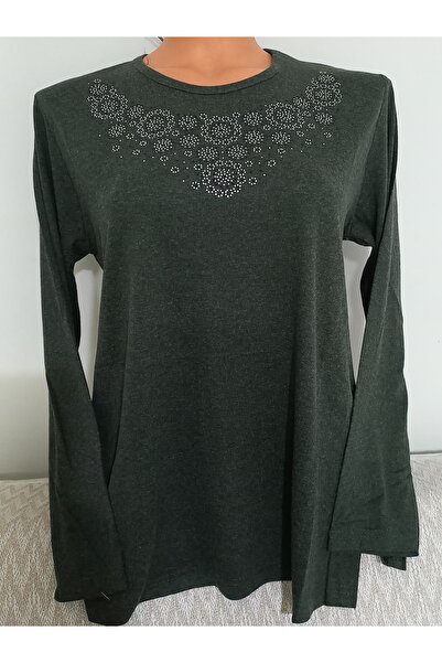 Anne Er Clothing Winter Cotton Blouse Long Sleeve Crew Neck Stone Green