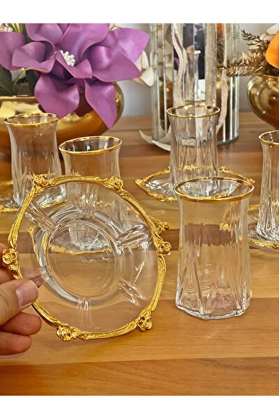 P&ORA PREMIUM KITCHEN PRODUCTS New Zeo Gold Gold-Plated Real Gold Circle-Detail 12-Piece Tea Set for 6 People Tea Set Glass