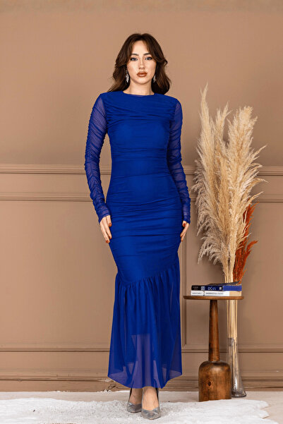 BEYBOS Φόρεμα μολύβι με λεπτομέρεια από ύφασμα τούλι - SAKS BLUE