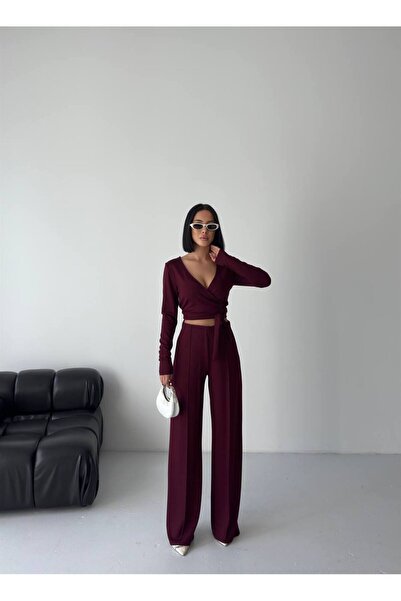 TRENDLİA Modal Buy Belted V-Neck Burgundy Double Suit