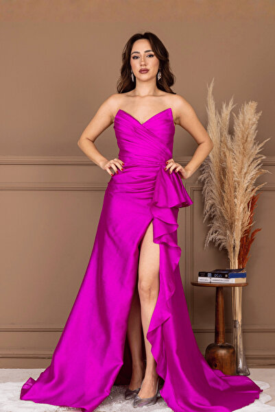 BEYBOS Organze Saten Kumaş Sırt İpli Abiye Elbise - FUŞYA