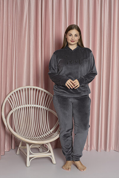 MOPİ Plus Size Velvet Hooded 2 Piece Pajama Set
