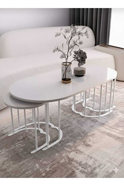 Nokta Sehpa Home 2+1 yavrulu oval orta sehpa beyaz ayak mdf tabla