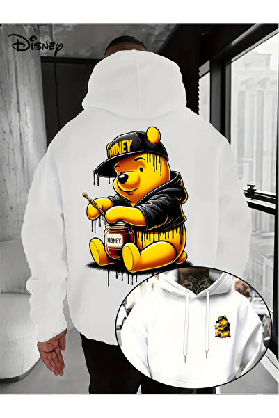 AEMİ سويت شيرت بقلنسوة مطبوع عليه دب العسل للجنسين مصنوع من القطن بنسبة 100%