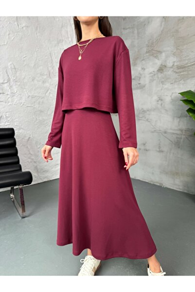 Elif Özbey Butik Bordo Modal Bluzlu İkili Takım Elbise