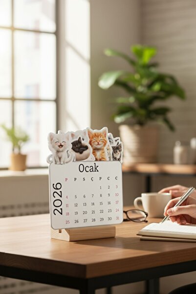VORACRAFT 2026 Tatlı Yavru Kedi Temalı Masa Takvimi, Ahşap Ayaklı Masa Takvimi TAK009