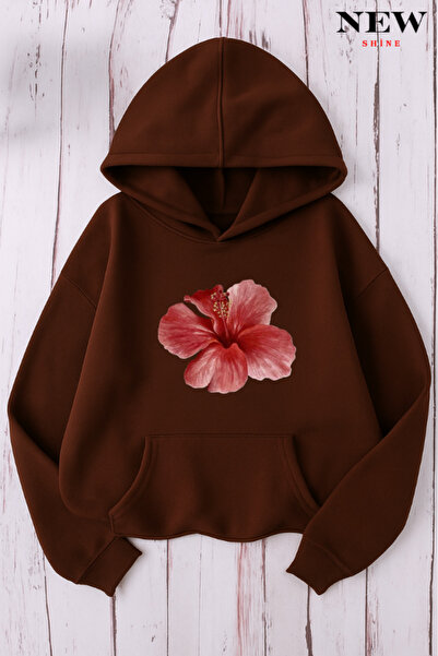 New Shine سويت شيرت بقلنسوة مطبوع عليه زهرة وردية