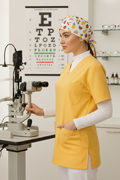 mirach 3-Piece Nurse Set Yellow Scrubs Orchard Surgical Cap White Stand-Up Collar Neck Collar Sleeveless Fisherman