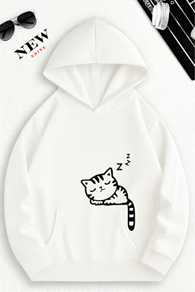 New Shine سويت شيرت بقلنسوة مطبوع عليه قطة نائمة