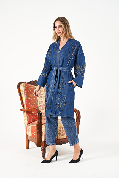 MİA NOURA Women's Front and Sleeves Embroidered Denim Kimono
