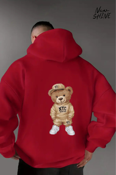 New Shine سويت شيرت بقلنسوة مطبوع عليه دمية دب