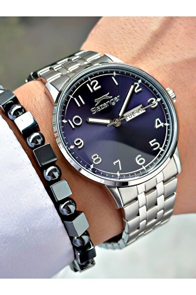 Slazenger Numeric Silver-Navy Blue Color 10 Atm Water Resistance Steel Case Men's Wristwatch 2560.07Mr