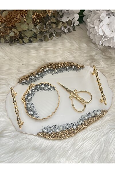 RESİNARTSHOP Epoksi Nişan Tepsisi Seti ayna taşlı