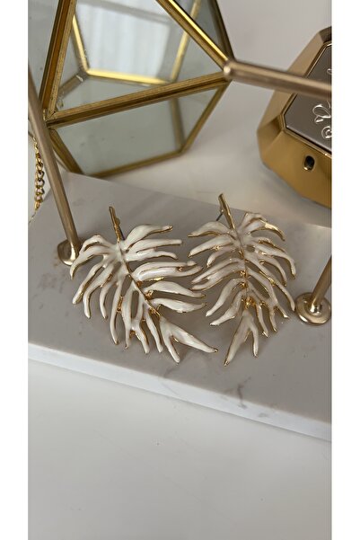 SU PERİSİ TAKI BİJUTERİ Gold White Leaf Earrings