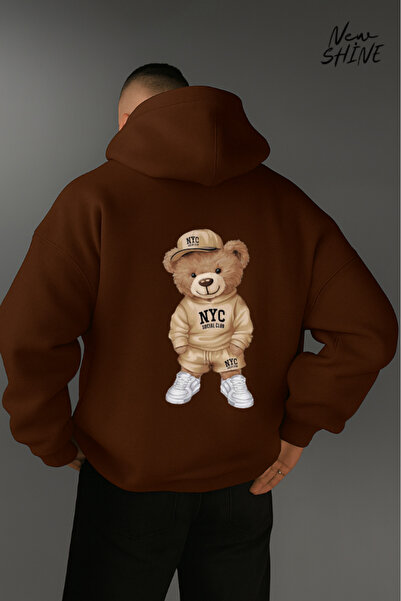 New Shine سويت شيرت بقلنسوة مطبوع عليه دمية دب