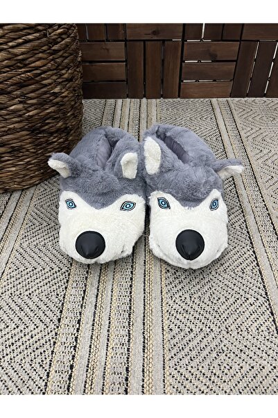 Behtah Kundura Unisex Mavi Gözlü Kurt Köpek Figürlü Peluş Ev Pandufu Botu Ev Ayakkabısı Ayağı Sıcak Tutar