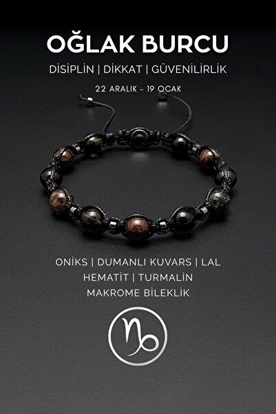Seven Art Jewelry El Yapımı Oğlak Burcu Makrome Bileklik – Oniks, Dumanlı Kuvars, Lal, Hematit ve Turmalin Taşlı