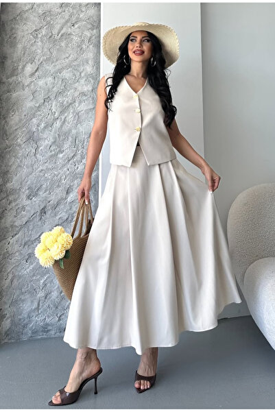 pembekurdelem Women's Vest Pleated Skirt Suit Stone