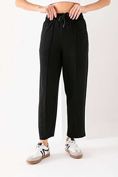 AsHK Kadın Siyah Yüksek Bel Cepli Modal Kumaş Önü Nervürlü Balon Kalıp Pantolon