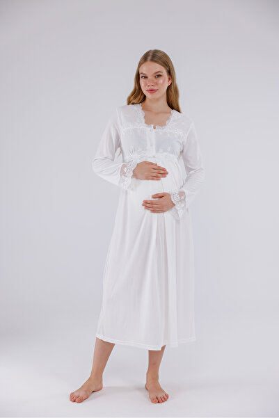 Yulem Homewear Ecru Special Lace Design Cotton Long Sleeve Maternity Pajamas Set and Nightgown 4-Piece Set