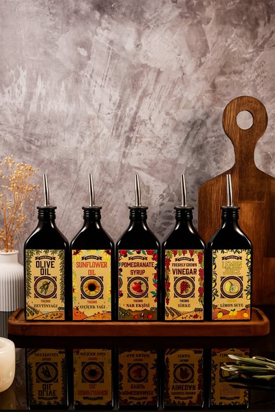 TheBRo 250ml Carmen Series Olive Oil, Sunflower Oil, Vinegar, Pomegranate Syrup, Lemon Juice Set with Wooden Stand