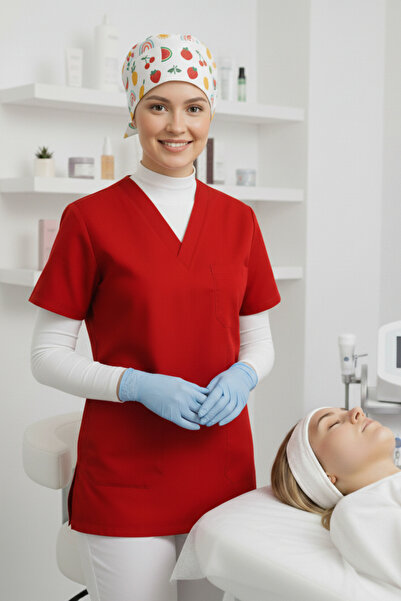 mirach 3-Piece Beautician Set Red Scrubs Fruit Surgical Cap White Stand-Up Collar Neck Collar Sleeveless Fisherman