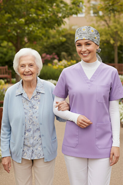 mirach 3-Piece Nurse Set Lilac Scrubs Nazlı Papatya Surgical Cap White Stand-Up Collar Neck Collar Sleeve Cover Fisherman