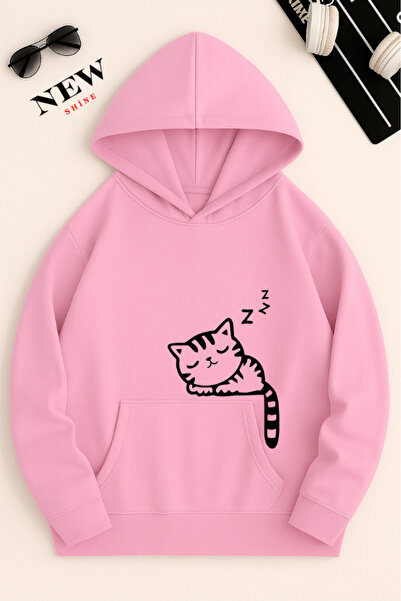 New Shine سويت شيرت بقلنسوة مطبوع عليه قطة نائمة