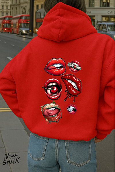 New Shine سويت شيرت بقلنسوة مطبوع عليه الشفاه