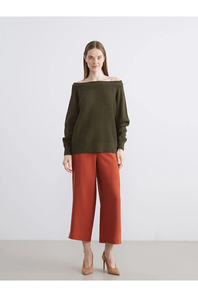 LC Waikiki Γυναικείο πλεκτό πουλόβερ LCW Vision Green Boat Neck oversized