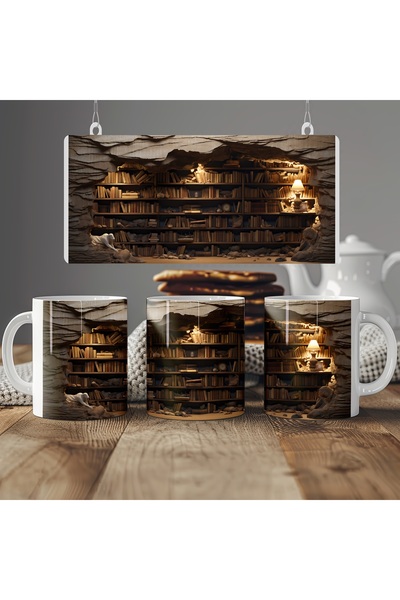 Beramussa 3D Görünümlü Kitaplık Tasarım Kupa Bardak - Mistik Görünümlü Kütüphane - Kabartmasız