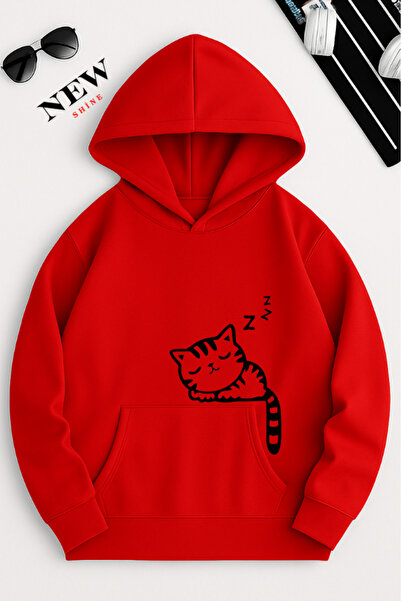 New Shine سويت شيرت بقلنسوة مطبوع عليه قطة نائمة