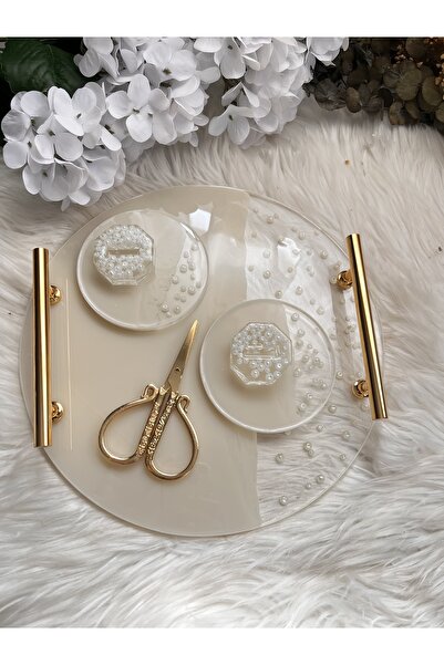 RESİNARTSHOP Epoksi Nişan Tepsi Seti krem+incili 30 cm
