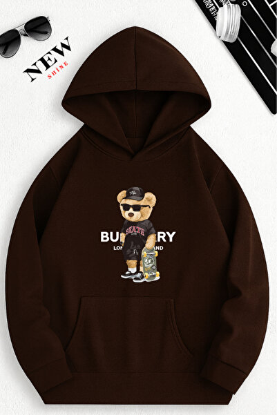 New Shine سويت شيرت بقلنسوة مطبوع عليه دمية دب