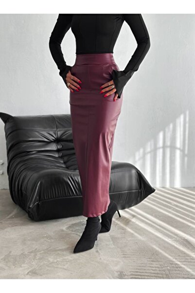 By BAYANA Women's Pencil Leather Skirt with Back Slit and Zipper Pocket