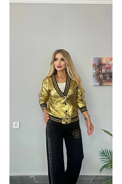 bonibon butikk Îmbrăcăminte de lux de calitate pentru femei, jachetă aurie, set de 3 piese cu detalii