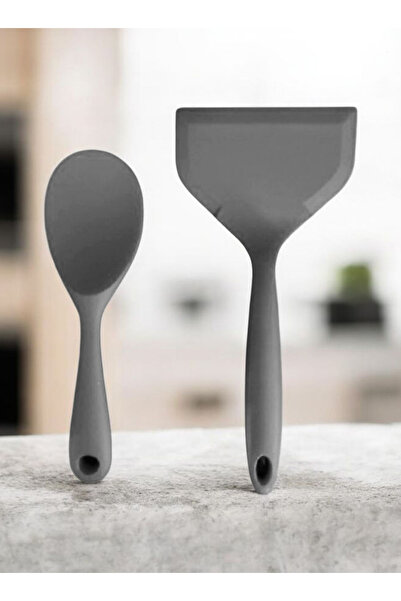 HZL HOME 2'li SET Gri Sert Dayanıklı Silikon Spatula -Pilav Kaşığı Seti