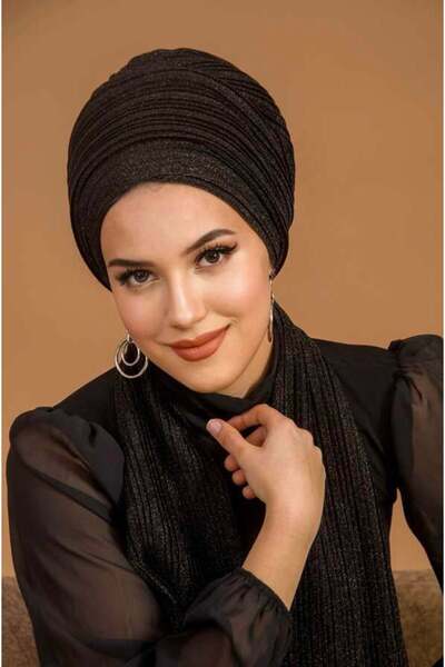 Aişe tesettür Siyah Simli Piliseli Abiye Atkılı Bone