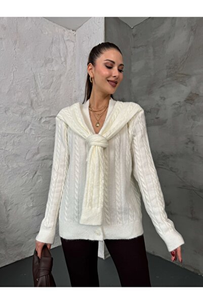 Elif Özbey Butik White Massi Model Shawl Detailed Knitted Cardigan