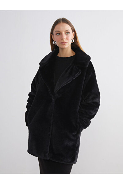 LC Waikiki Black Jacket Collar Women's Fur Coat