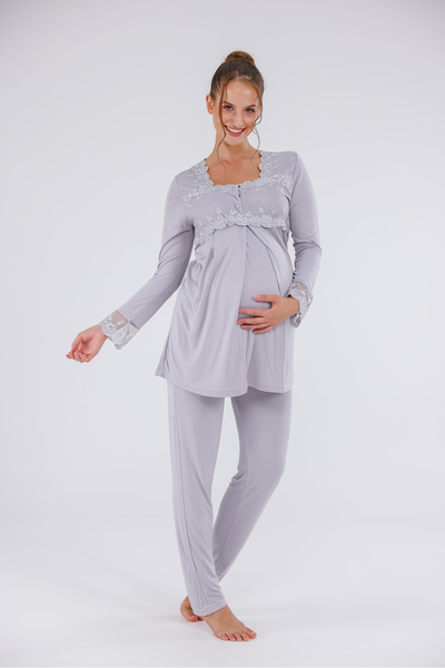 Yulem Homewear Gray Special Lace Design Cotton Long Sleeve Maternity Pajamas Set and Nightgown 4-Piece Set