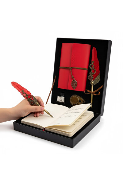 keyfim shop Kişiye Özel Mor Renk Divit Hokka Defter Ve Tüylü Kalem Seti Kırmızı