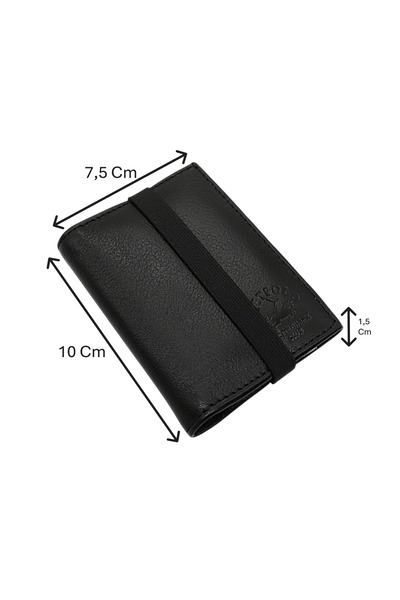 Westpolo Hakiki Deri Bol Şeffaf Kart Bölmeli Lastikli Unisex Kartlık - Siyah
