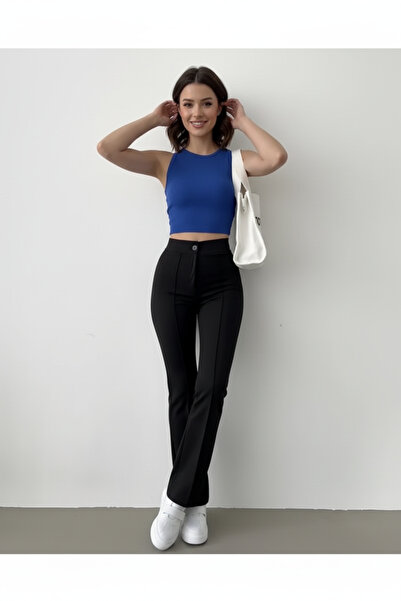 unika boutique بنطلون نسائي عالي الخصر بخصر مطاطي ومخيط بخطوط مضلعة من قماش ا...