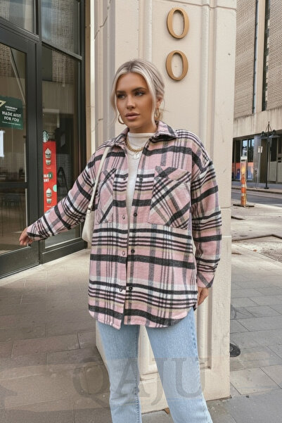 Qaju Γυναικείο πουκάμισο με καρό υφαντό μπουφάν – Ανθρακί ροζ