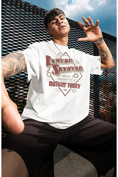 Fuddy Moda Tricou unisex Nuthin' Fancy 75 cu text, tricou supradimensionat cu tematică rock band Lynyrd Skynyrd