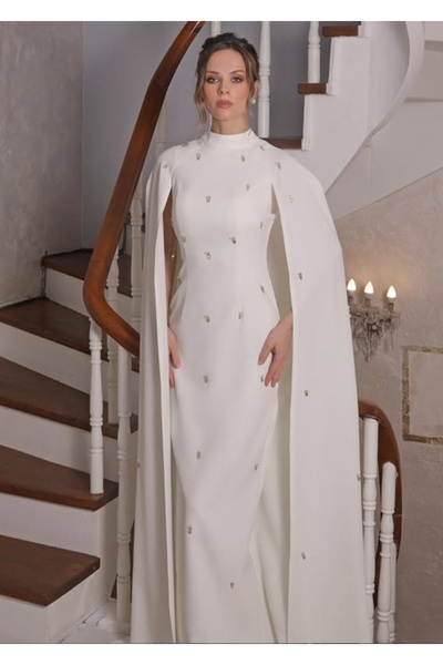 MOONDRESS KADIN ABİYE ŞIK TAŞ İŞLEMELİ PELERİN DETAYLI ŞIK UZUN ELBİSE