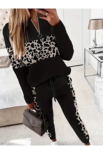 EDA COLLECTION Women's Long Sleeve Zippered Mixed Pattern Viscose Two Thread Blouse and Pants Two-Piece Set